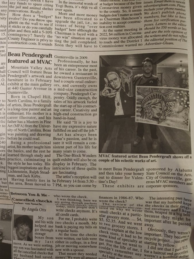 Newspaper article "Beau Pendergraft featured at MVAC" with a photo of the artist holding his artwork